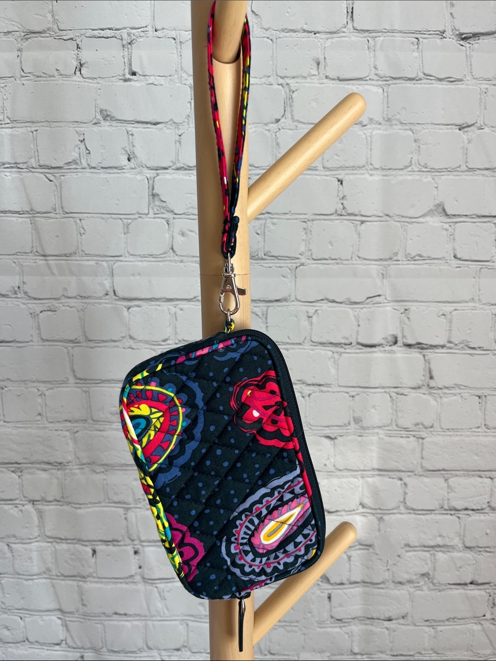 Vera Bradley Quilted Wristlet in Navy with Bright Paisley Print